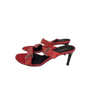 Donald J Pliner Red Leather Studded Buckle Stiletto Heel Mules Women's Size 7.5